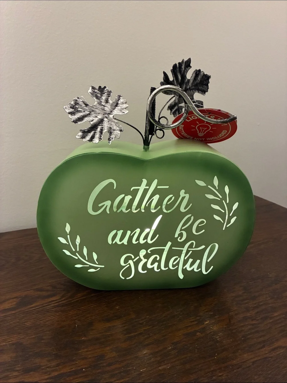 NWT- LED Light Up- Gather And Be Grateful Metal Pumpkin w/ Metal Leaves